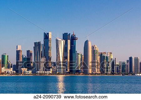 Qatar, Doha City, West bay Skyline. View Large Photo Image Stock Photo - Qatar, Doha City, West bay Skyline.. Fotosearch