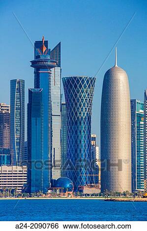 Stock Photograph - Qatar, Doha City, World Trade Center, Tornado Tower and Burj Qatar Bldgs.. Fotosearch
