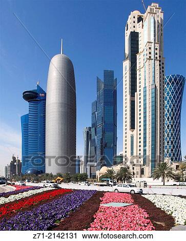 Qatar, Doha, West Bay, business district, skyline, Al Corniche,. View Large Photo Image Stock Image - Qatar, Doha, West Bay, business district, skyline, Al Corniche,.. Fotosearch