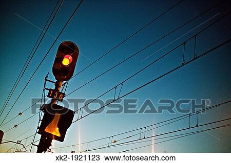 Railway traffic lights and power cables View Large Photo Image Stock Image - Railway traffic lights and power cables. Fotosearch