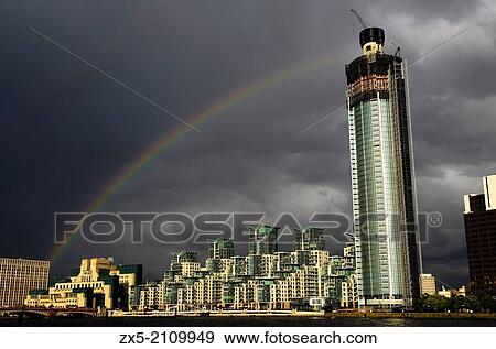 Rainbow over Vauxhall Tower and St George Wharf Building - London, England. View Large Photo Image Stock Photo - Rainbow over Vauxhall Tower and St George Wharf Building - London, England.. Fotosearch