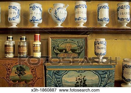 Stock Photo - rayonnages de faiences pharmaceutiques, Apothicairerie de l? Hotel-Dieu-le-Comte, Troyes, Aube, region Champagne-Ardenne, France, Europe. Fotosearch