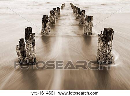 Stock Image - Receeding tide flowing around wooden posts. Fotosearch
