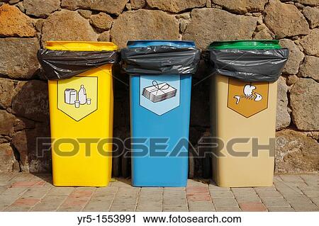 Recycling bins for plastic, paper and food in Spain View Large Photo Image Stock Image - Recycling bins for plastic, paper and food in Spain. Fotosearch