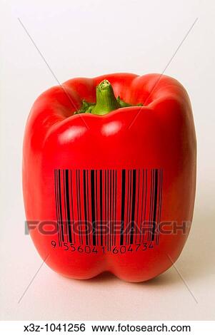 Stock Photograph - Red bell pepper with barcode superimposed to illustrate genetically modified food. Fotosearch