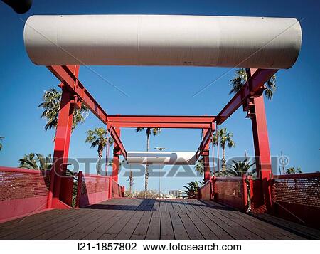 Red bridge. Moll de la fusta, Port Vell, Barcelona, Catalonia, Spain. View Large Photo Image Stock Image - Red bridge. Moll de la fusta, Port Vell, Barcelona, Catalonia, Spain.. Fotosearch