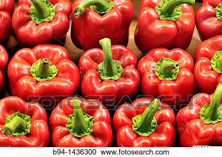 Stock Image - Red peppers at La Boqueria market, Barcelona. Catalonia, Spain. Fotosearch