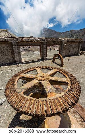 Remains of the abandoned sulphur mine on White Island, off the east side of North Island, New Zealand. View Large Photo Image Stock Photo - Remains of the abandoned sulphur mine on White Island, off the east side of North Island, New Zealand.. Fotosearch