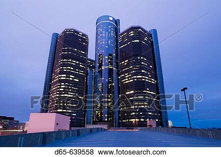 Renaissance Center. World General Motors Headquarters. Evening. Detroit. Michigan. USA. View Large Photo Image Stock Photo - Renaissance Center. World General Motors Headquarters. Evening. Detroit. Michigan. USA.. Fotosearch