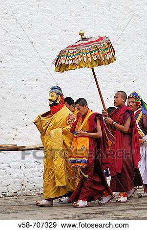 Stock Photo - Representation of the heroic deeds of the shabdrung, Bhutan's greatest ruler who unified the country in the 1630s, punakha tsechu festival, punakha, Bhutan. Fotosearch