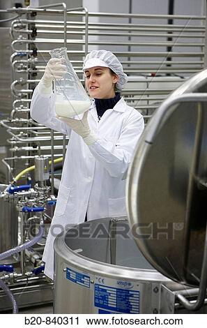 Stock Image - Researcher pasteurizating milk, pilot plant, AZTI-Tecnalia, Technology Centre for Marine and Food Research, Derio, Biscay, Basque Country, Spain. Fotosearch