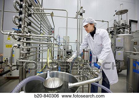 Stock Photograph - Researcher pasteurizating milk, pilot plant, AZTI-Tecnalia, Technology Centre for Marine and Food Research, Derio, Biscay, Basque Country, Spain. Fotosearch