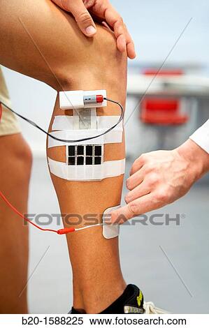 Stock Photography - Researcher placing multipad electrodes in the leg to control stimulation models of sensor signals. Fotosearch