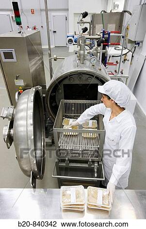 Stock Image - Researcher setting prepared food in autoclave to pasteurize, pilot plant, AZTI-Tecnalia, Technology Centre for Marine and Food Research, Derio, Biscay, Basque Country, Spain. Fotosearch