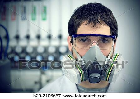 Stock Photo - Researcher with protective gas mask. Membranes Laboratory. Tecnalia Research and Innovation. Donostia. San Sebastian. Gipuzkoa. Basque Country. Spain. Europe.. Fotosearch