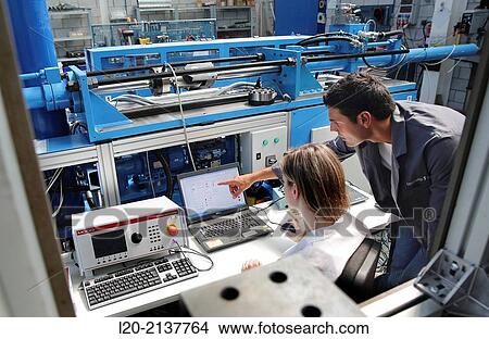 Picture - Researchers. Prototype test bench for the development of electromechanical linear actuators for the aerospace industry. Technology and Research Center. Technological Park. San Sebastian. Donostia. Gipuzkoa. Basque Country. Spain.. Fotosearch