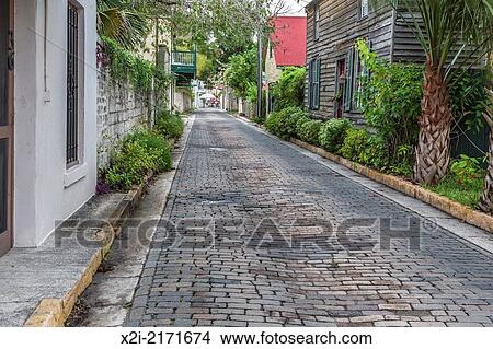 Residential brick paved street in the historic district of downtown St. Augustine, Florida. View Large Photo Image Picture - Residential brick paved street in the historic district of downtown St. Augustine, Florida.. Fotosearch