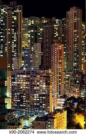 Picture - Residential Buildings in Hong Kong Island by night, Hong Kong, China, East Asia.. Fotosearch