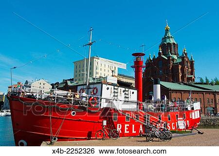 Restaurant boat with summer terrace, in front of Katajannokka district, Helsinki, Finland, Europe. View Large Photo Image Stock Photograph - Restaurant boat with summer terrace, in front of Katajannokka district, Helsinki, Finland, Europe.. Fotosearch