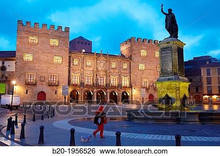 Stock Photograph - Revillagigedo Palace and? Monumento a Pelayo? sculpture, Plaza del Marques, Gij? n, Asturias, Spain.. Fotosearch
