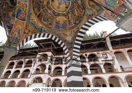Rila monastery, ceiling frescos of Mary`s Birth Church ans residential building, Bulgaria View Large Photo Image Stock Photo - Rila monastery, ceiling frescos of Mary`s Birth Church ans residential building, Bulgaria. Fotosearch