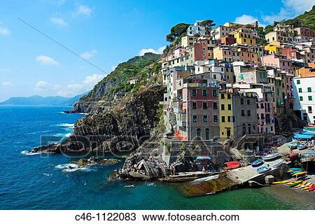 Stock Image - Riomaggiore. Cinque Terre. Liguria. Italian Riviera. Italy.. Fotosearch