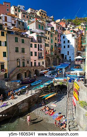 Stock Image - Riomaggiore, Cinque Terre National Park, Province of La Spezia, Liguria, Italy, Europe. Fotosearch