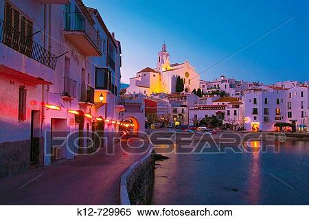 Stock Photography - Riva Pitxot and church of Santa Mar? a de Cadaqu's (Costa Brava). Alt Empord?. Girona province. Spain.. Fotosearch