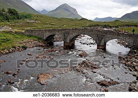Stock Image - River, bridge, mountains Cuillins, Isle of Skye, Highland, Scotland, UK. Fotosearch