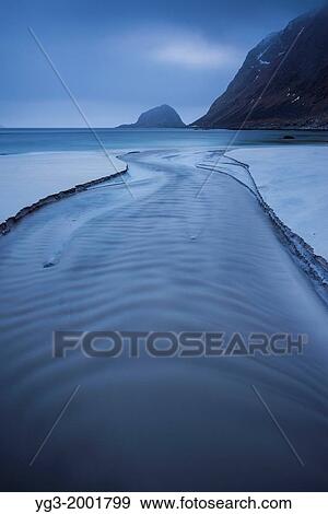 River flows through Haukland Beach, Vestvagoy, Lofoten Islands, Norway. View Large Photo Image Stock Photo - River flows through Haukland Beach, Vestvagoy, Lofoten Islands, Norway.. Fotosearch