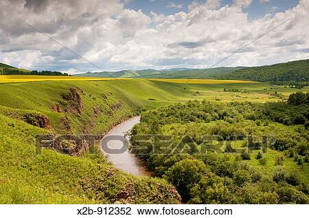 Stock Image - River in the grassland Hulunbeir, I nner Mongolia, China. Fotosearch