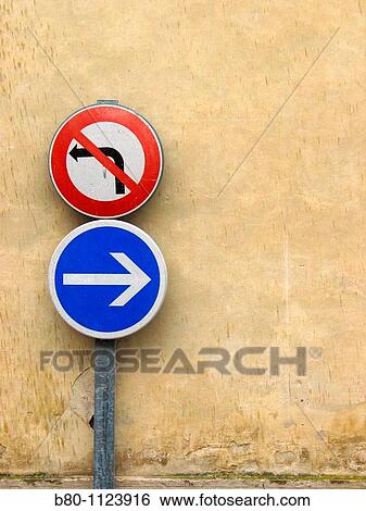 Stock Photograph - Road sign, street sign, drive right not left, Pernes-les-Fontaines, France. Fotosearch