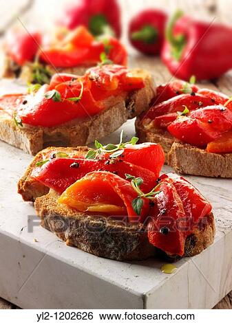 Roast red peppers on toasted rye bread sandwiches - bruschettas View Large Photo Image Stock Photograph - Roast red peppers on toasted rye bread sandwiches - bruschettas. Fotosearch