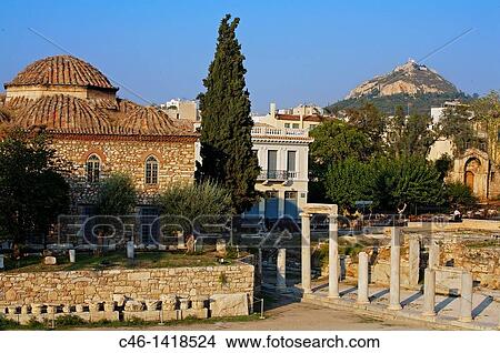 Picture - Roman agora and Lykavittos Hill in background, Athens Greece. Fotosearch