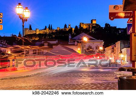 Stock Photograph - Roman bridge over the river Nabao and Templar castle, Tomar, District of Santarem, Medio Tejo, region center, Portugal, Europe.. Fotosearch