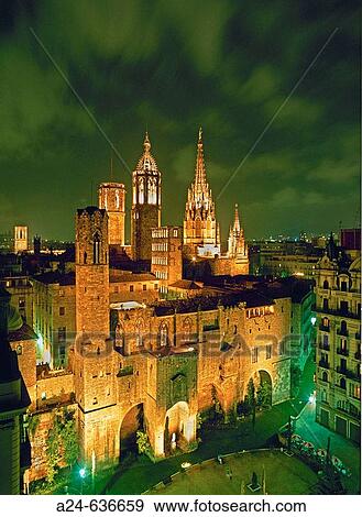 Roman walls and cathedral in the Gothic district, Barcelona. Catalonia, Spain (April 2007) View Large Photo Image Stock Photo - Roman walls and cathedral in the Gothic district, Barcelona. Catalonia, Spain (April 2007). Fotosearch