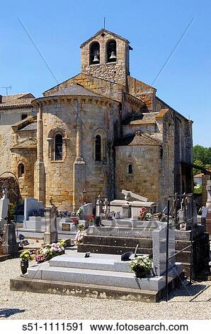 Stock Image - Romanesque Church of Saint Jean Baptiste, Saint-Jean-de-Verges, Ariege, Midi-Pyrenees, France. Fotosearch