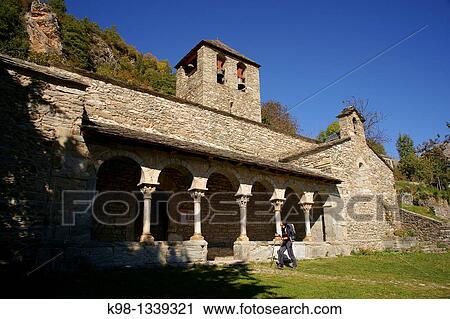 Stock Image - Romanesque church of Sant Jaume, Queralbs, GR11 long distance footpath Lleida, Pyrenees Mountains, Catalonia, Spain.. Fotosearch