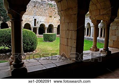 Stock Image - Romanesque cloister of the Santa Maria monastery, Vilabertran, Catalonia, Spain. Fotosearch