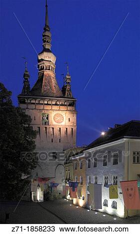 Romania, Sighisoara, Clock Tower, night, View Large Photo Image Stock Image - Romania, Sighisoara, Clock Tower, night,. Fotosearch