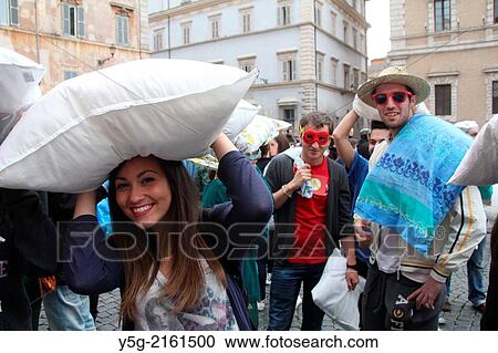 Rome Italy. 13th April 2014. International Pillow Fight Day in Piazza Santa Maria in Trastevere Square in Rome Italy. View Large Photo Image Stock Image - Rome Italy. 13th April 2014. International Pillow Fight Day in Piazza Santa Maria in Trastevere Square in Rome Italy.. Fotosearch