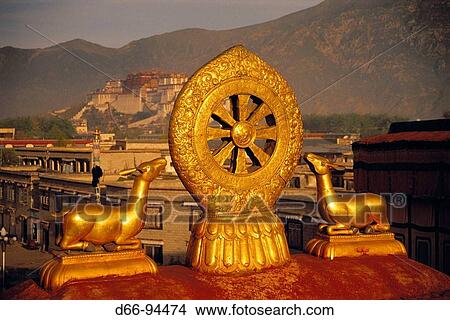 Roof of Jokhang temple with Potala palace in background, Lhasa. Tibet, China View Large Photo Image Picture - Roof of Jokhang temple with Potala palace in background, Lhasa. Tibet, China. Fotosearch