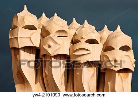 Stock Image - Roof sculptures, Casa Mila, or La Pedrera, by Antoni Gaudi, Barcelona, Catalonia, Spain.. Fotosearch