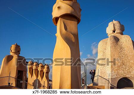 Rooftop Chimneys in Casa Mila, La Pedrera, Barcelona, Catalonia, Spain. View Large Photo Image Stock Photography - Rooftop Chimneys in Casa Mila, La Pedrera, Barcelona, Catalonia, Spain.. Fotosearch
