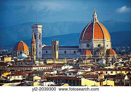 Stock Image - Rooftop view of the Gothic-Renaissance Duomo of Florence, Basilica of Saint Mary of the Flower; Firenza ( Basilica di Santa Maria del Fiore ) built between 1293 & 1436. Italy.. Fotosearch