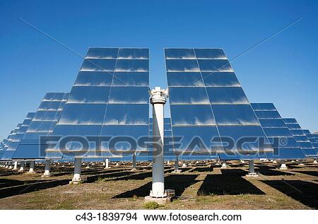Picture - Rows of solar panels, so-called heliostats, generating energy at one of Europe's biggest solar energy fields in the Tabernas Desert, Europe's only true desert Almer? a province, Andaluc? a, Spain. Fotosearch