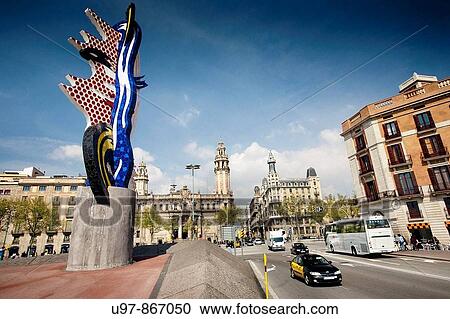 Stock Image - Roy Lichtenstein's sculpture, Moll de la Fusta, Barcelona, Catalonia, Spain. Fotosearch