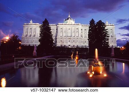 Stock Photo - Royal Palace from Sabatini gardens, night view. Madrid, Spain.. Fotosearch