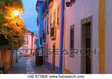 Rua Direita at dusk, Obidos, Leiria district, Portugal View Large Photo Image Stock Photo - Rua Direita at dusk, Obidos, Leiria district, Portugal. Fotosearch