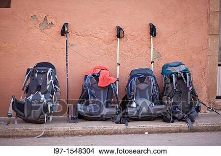 Rucksacks lined up on street View Large Photo Image Picture - Rucksacks lined up on street. Fotosearch
